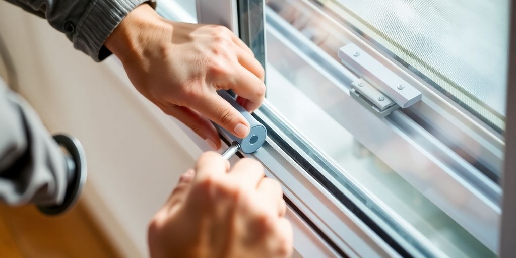 Person replacing rollers on aluminum sliding glass door.