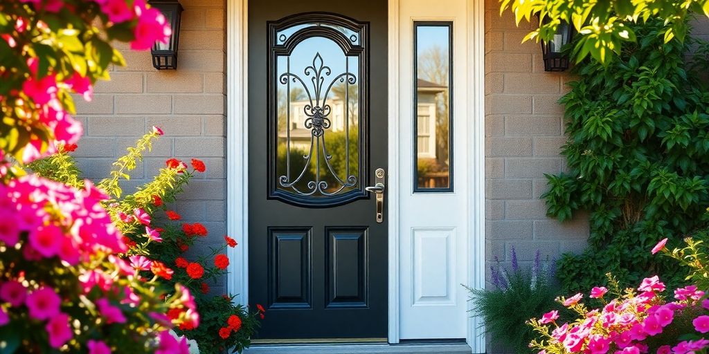 Elegant storm door with flowers and greenery around it.