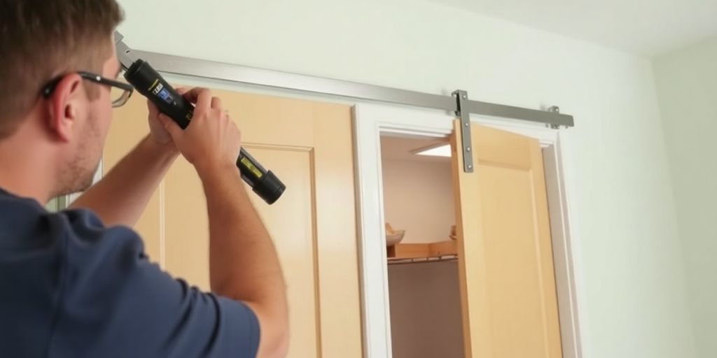 Installation of sliding bypass closet doors in progress.