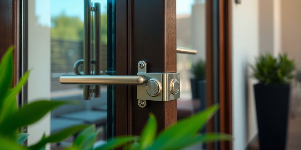 Securely locked patio door in a lush garden setting.