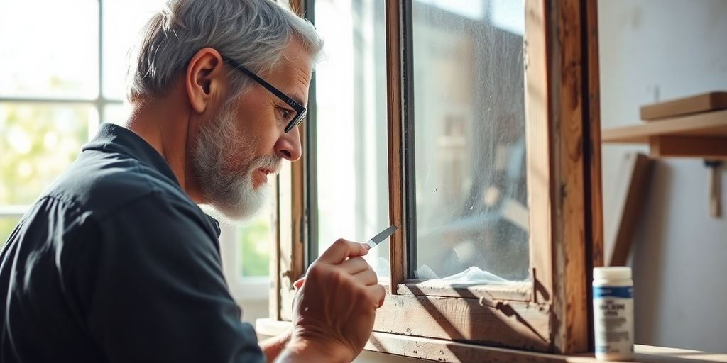 Close-up of a person reglazing a window frame.