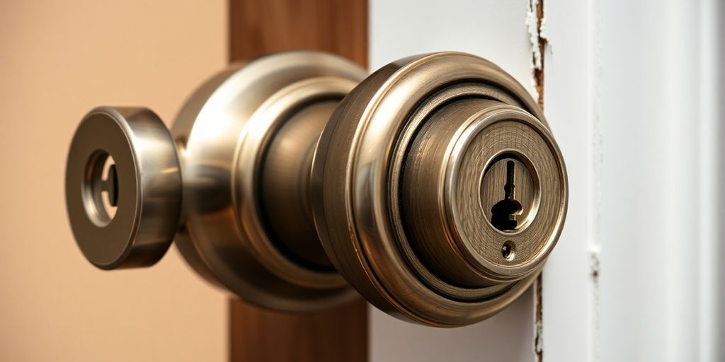 Close-up of a spinning deadbolt lock on a door.