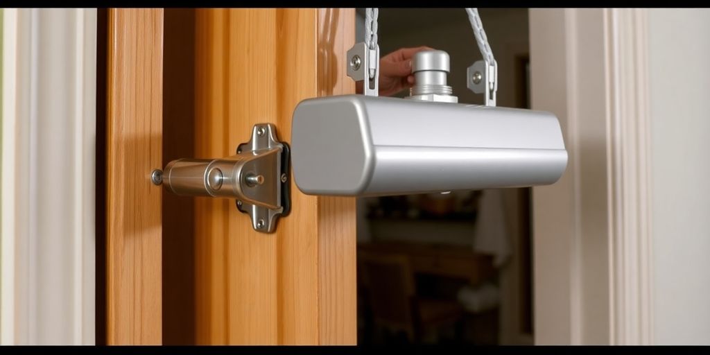 Photograph of installing a door closer on a door.