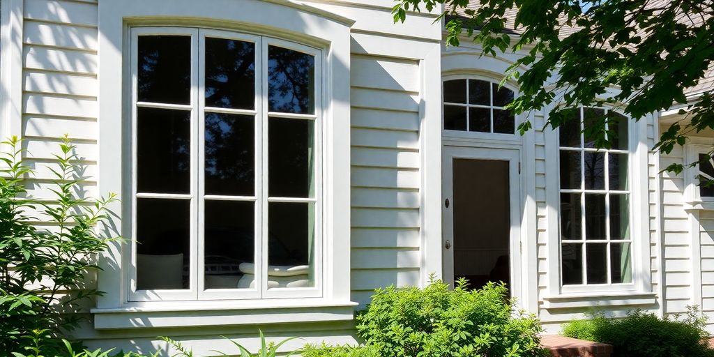 Stylish home with modern Harvey Windows and greenery.
