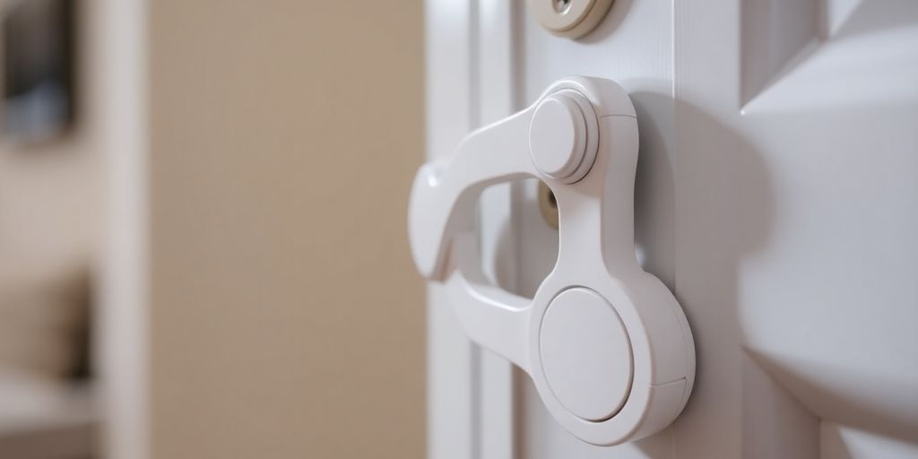 Close-up of a child safety lock on a door.