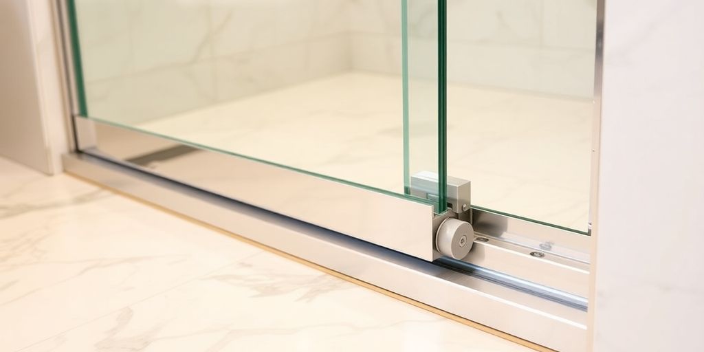 Sliding shower door with a visible bottom guide system.