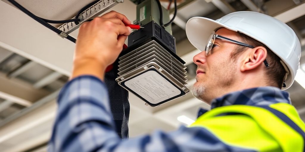 Technician replacing ballast in a lighting fixture.