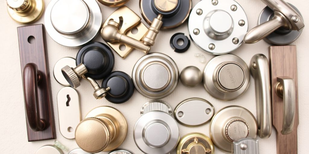 Close-up of various door handle parts and components.