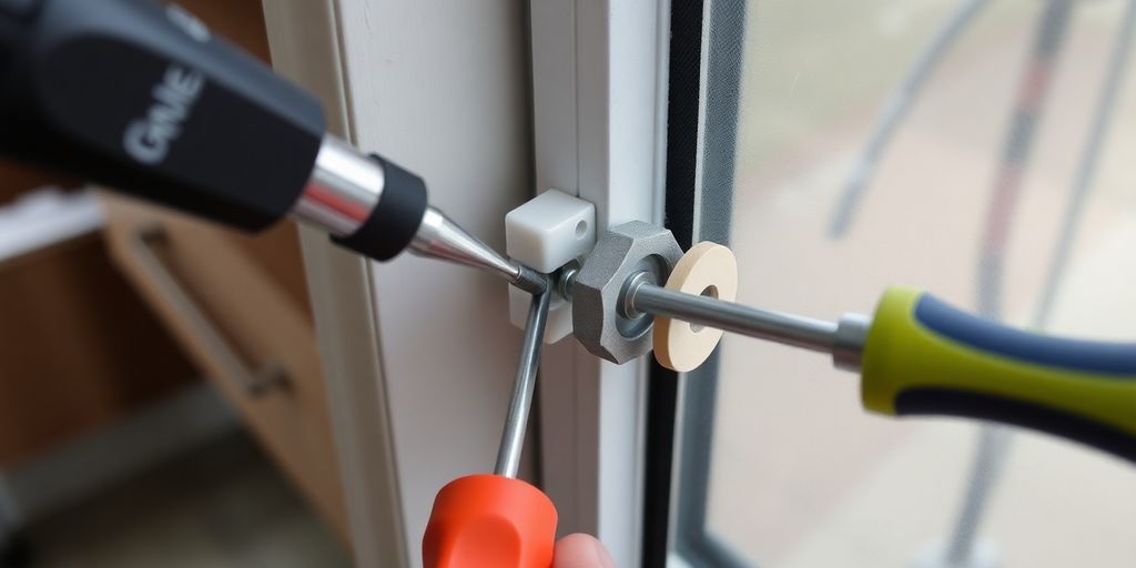 Close-up of RV window crank replacement process.