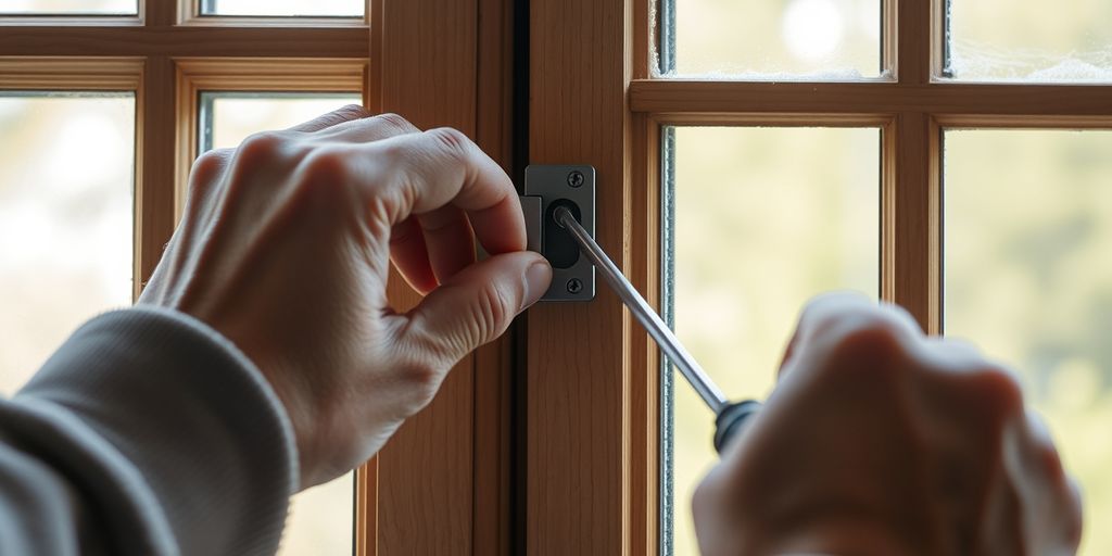 Hands installing window latch on wooden frame