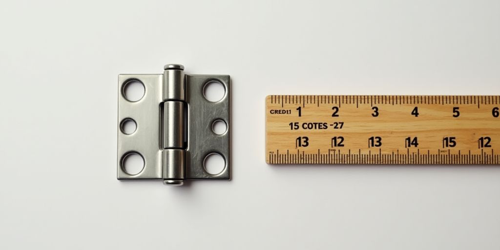 Close-up of a hinge being measured with a ruler.