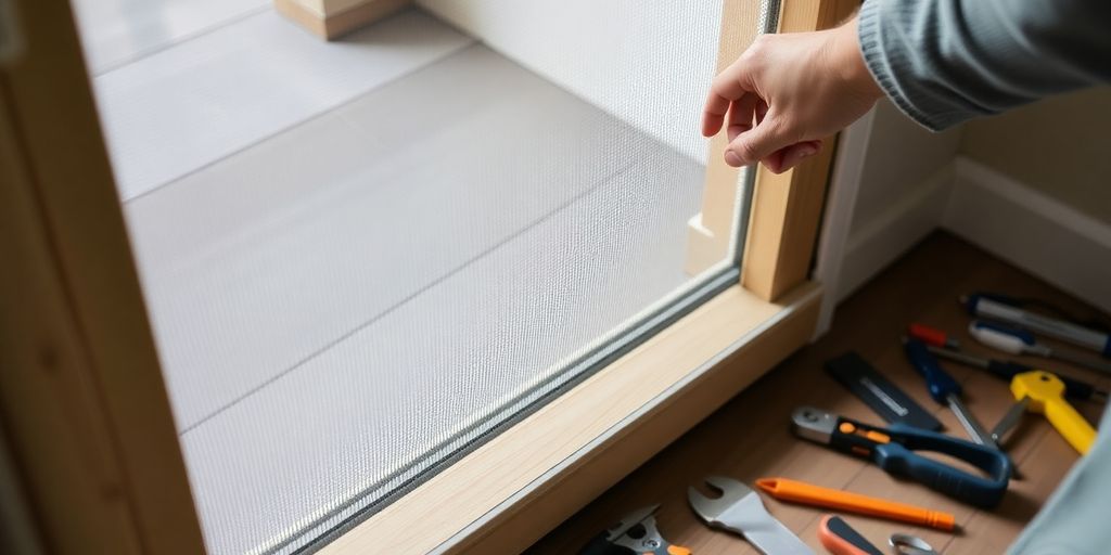 Person installing a screen door with tools and frame.