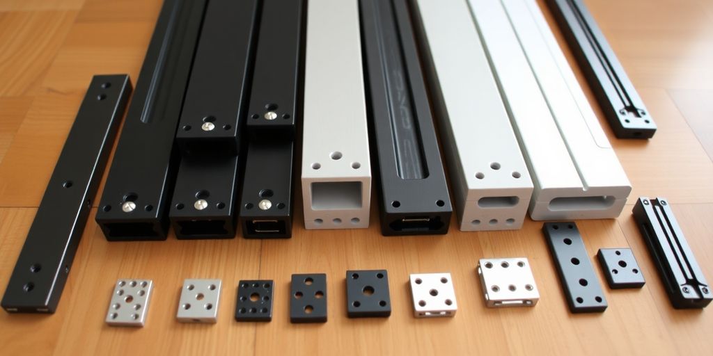 Different center mount drawer slides on a wooden background.