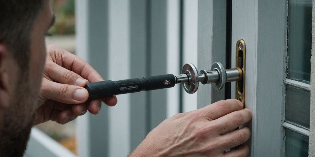 Person fixing sliding glass door lock with screwdriver