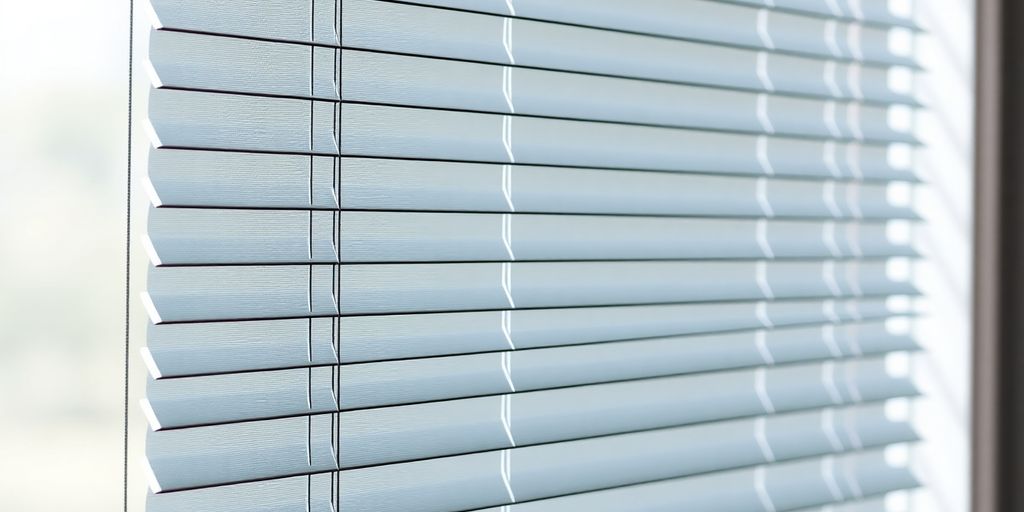 Close-up of Pella window blinds between glass.
