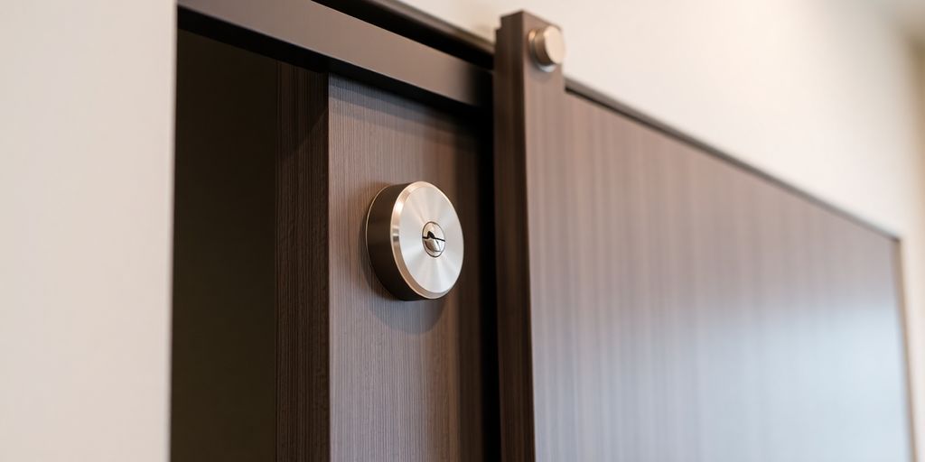Locked sliding closet door with a modern lock mechanism.