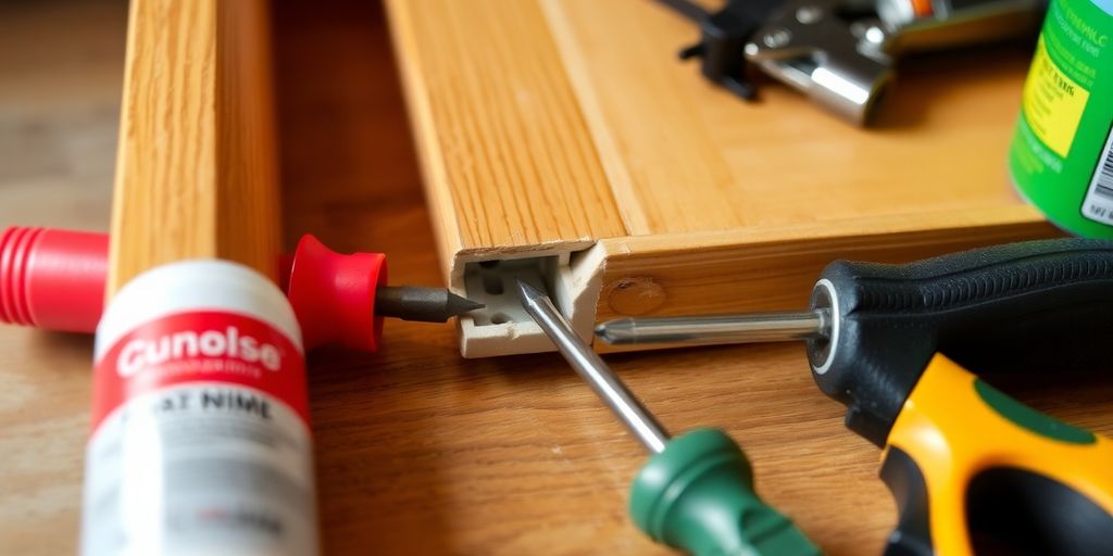 Close-up of a broken drawer slide with tools.