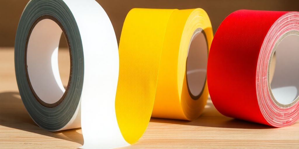 Rolls of butyl tape on a wooden surface.