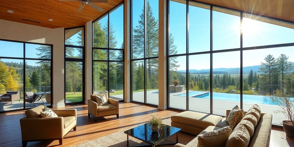 Bright room with large Cascade windows and outdoor view.