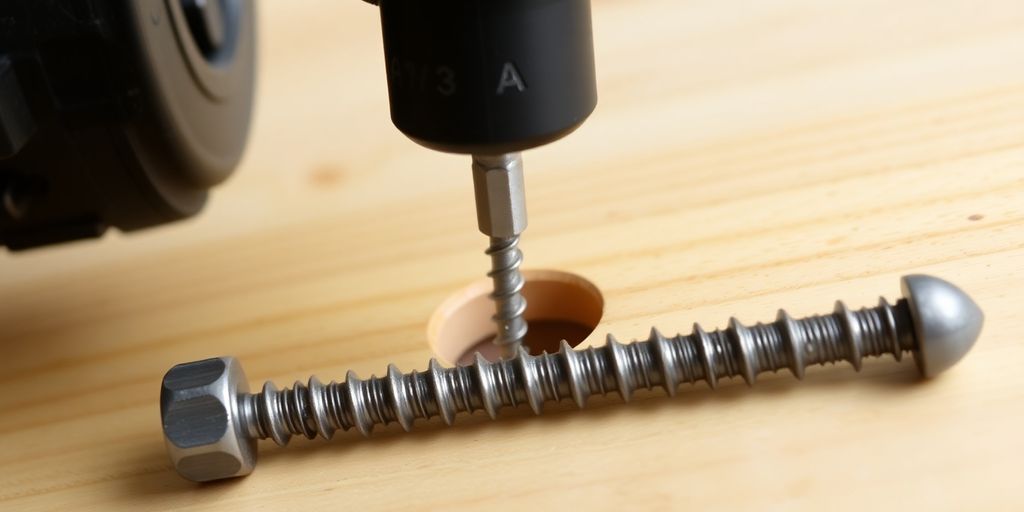 Drill bit and lag screw on a wooden surface.