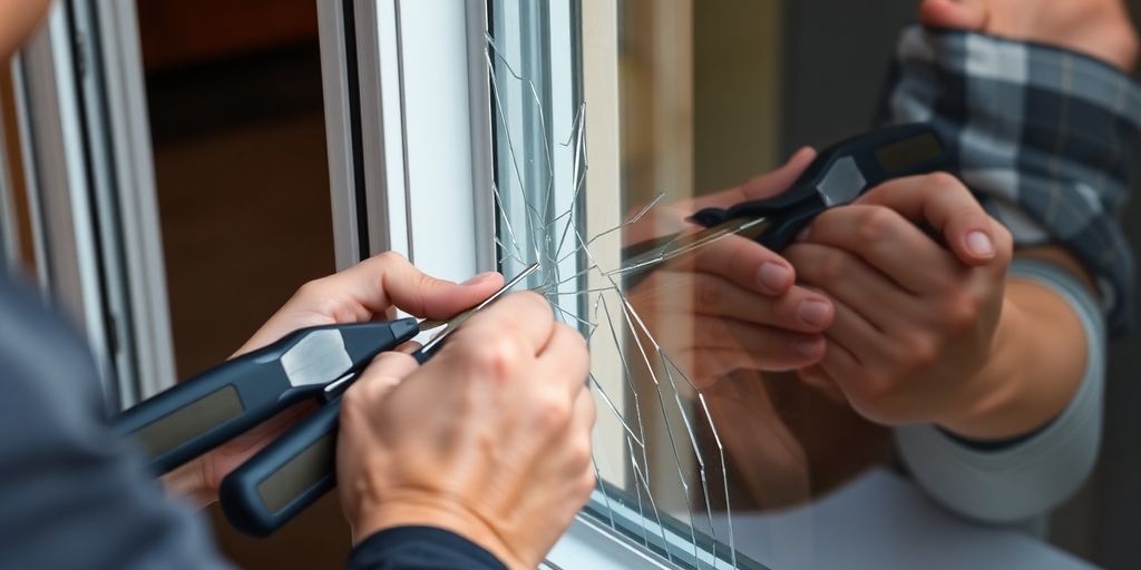 Person replacing a broken window pane in a frame.