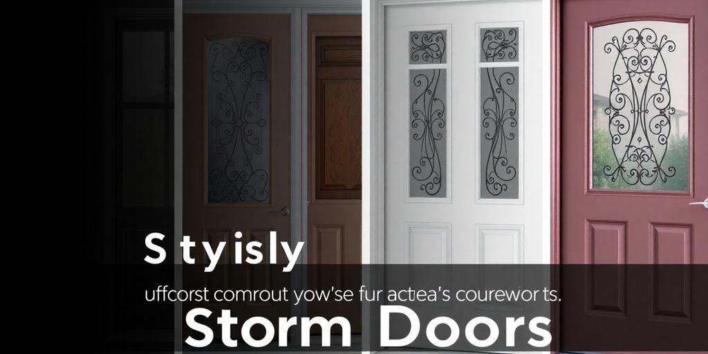 Stylish storm doors in various colors and designs.