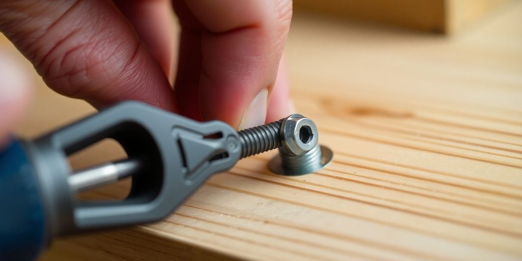 A hand using a tool to remove a screw.