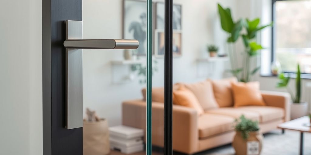 Modern sliding door handle on glass door