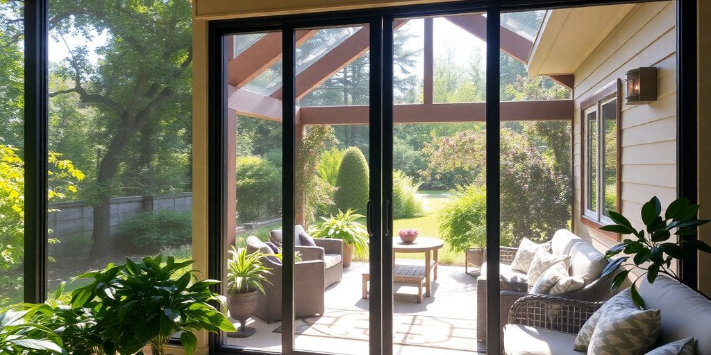Patio screen door leading to a lush outdoor area.