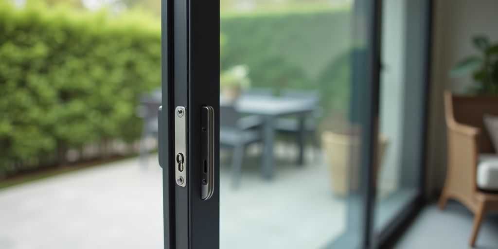 Close-up of a sliding glass door lock.
