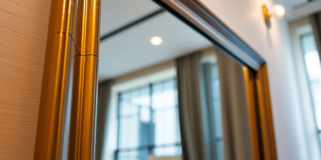 Framed mirror with stylish clips in modern interior.