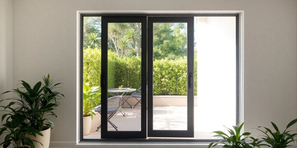 A sliding screen door leading to a bright patio.