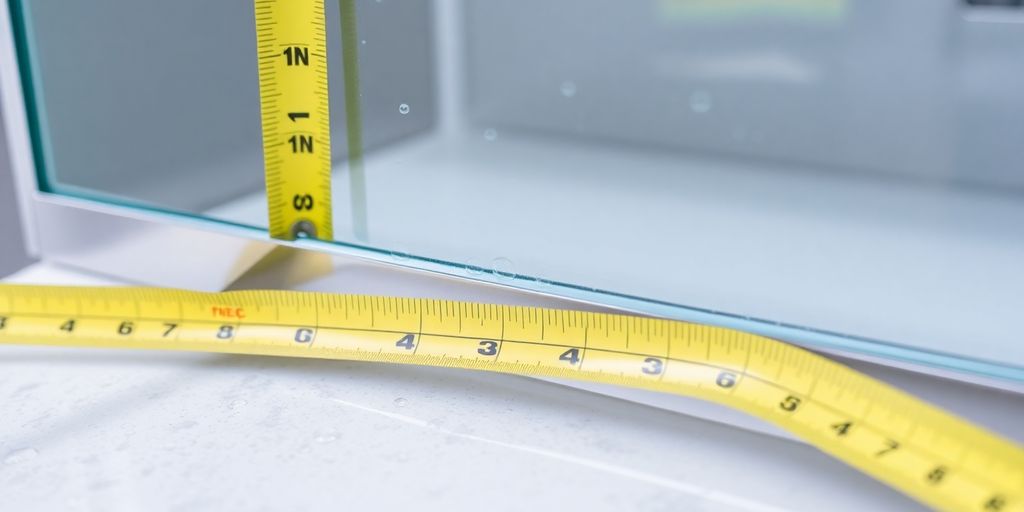 Measuring tape against a shower door for installation.