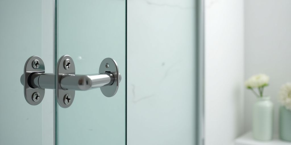 Close-up of adjustable shower door hardware and fittings.