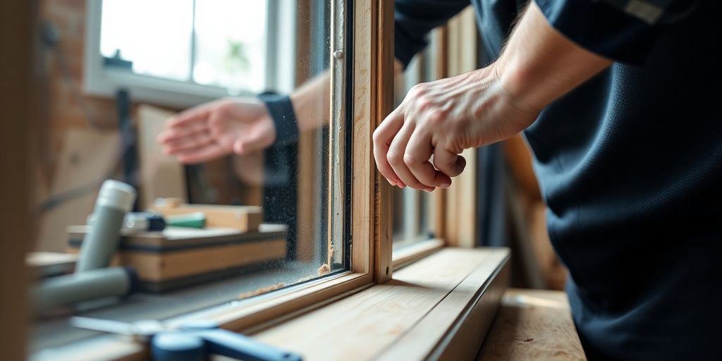 Craftsman repairing a double hung sash window in workshop.