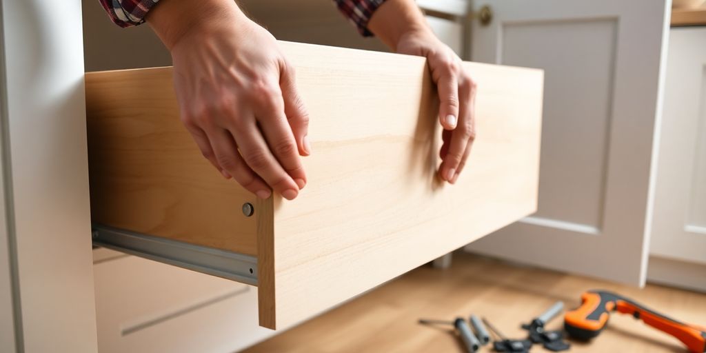 Hands removing a kitchen drawer with tools nearby.