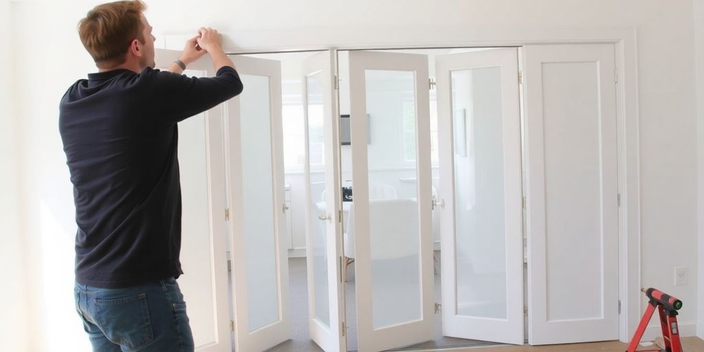 Person installing bifold doors without a bottom track.