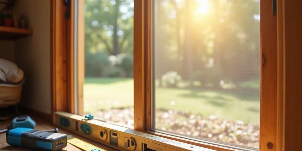 Close-up of a sliding screen door installation.