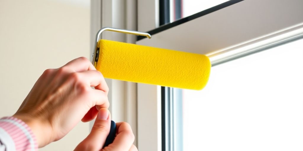 Hands painting aluminum window frames with a roller.