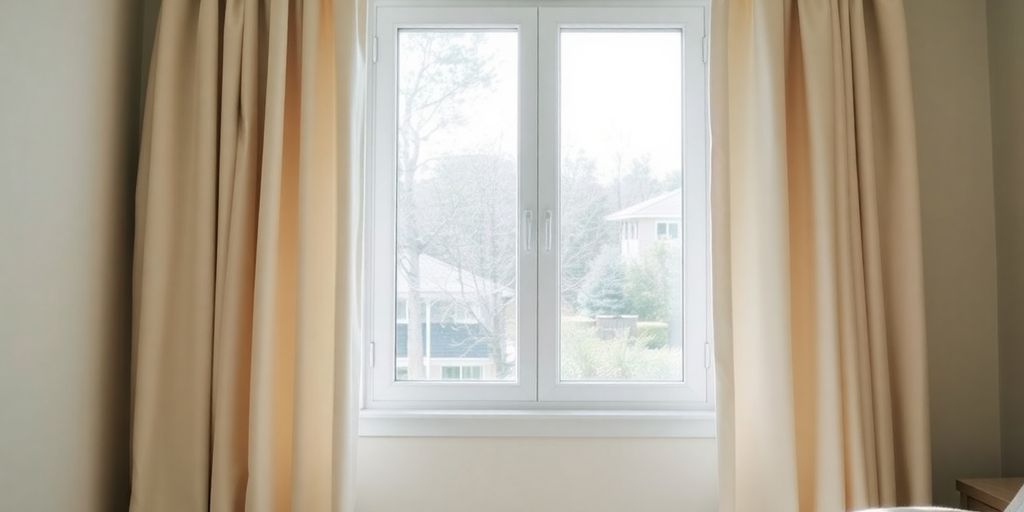 Cozy room with soundproof window and thick curtains.