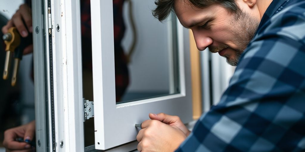 Person repairing an awning window with tools.