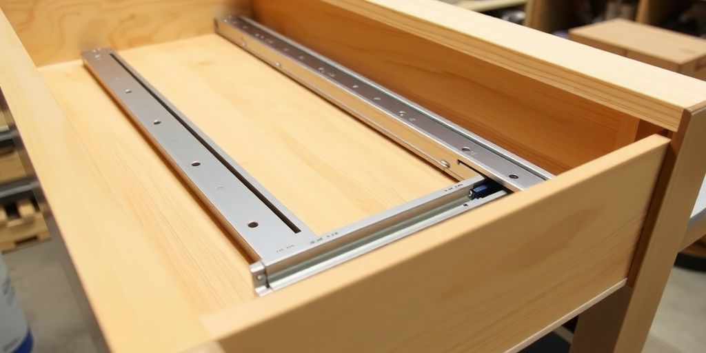 Close-up of center mount drawer slides in wooden drawer.