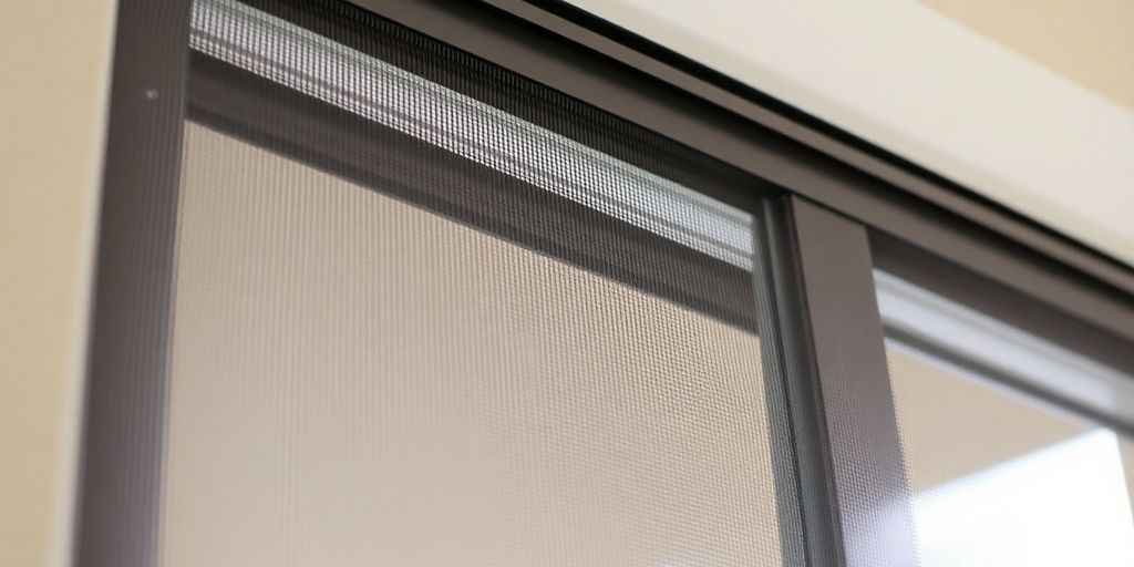 Close-up of a window with a screen installed.
