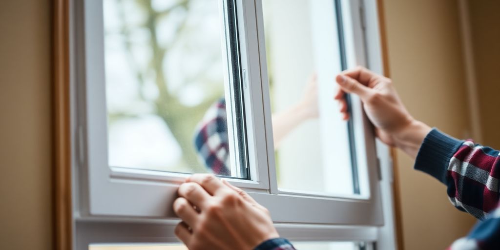 Hands lifting a single hung window from its frame.