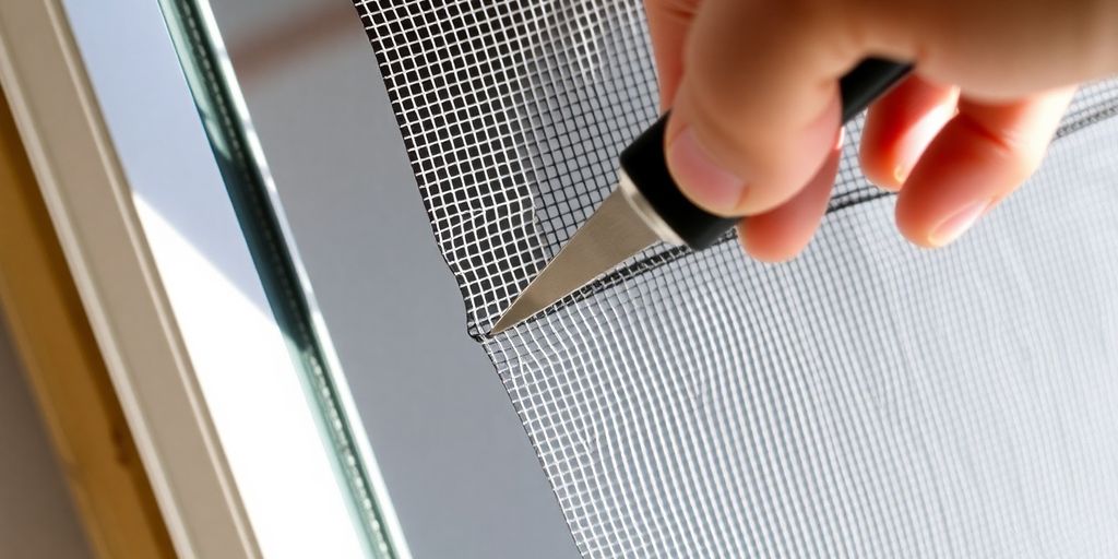 Hand rescreening a window with new mesh material.
