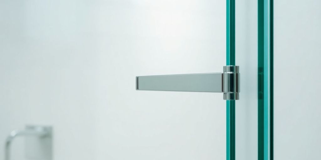 Close-up of modern slip-on shower door handle.