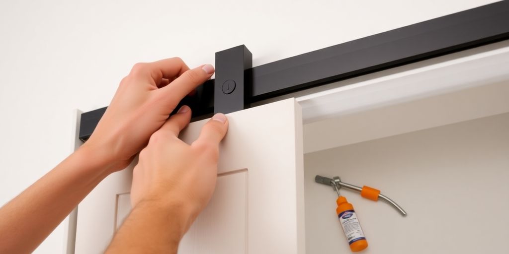 Hands aligning a sliding closet door on its track.