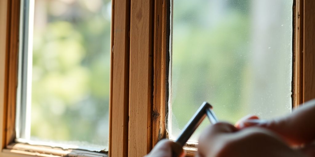 Old window being reglazed with fresh materials.