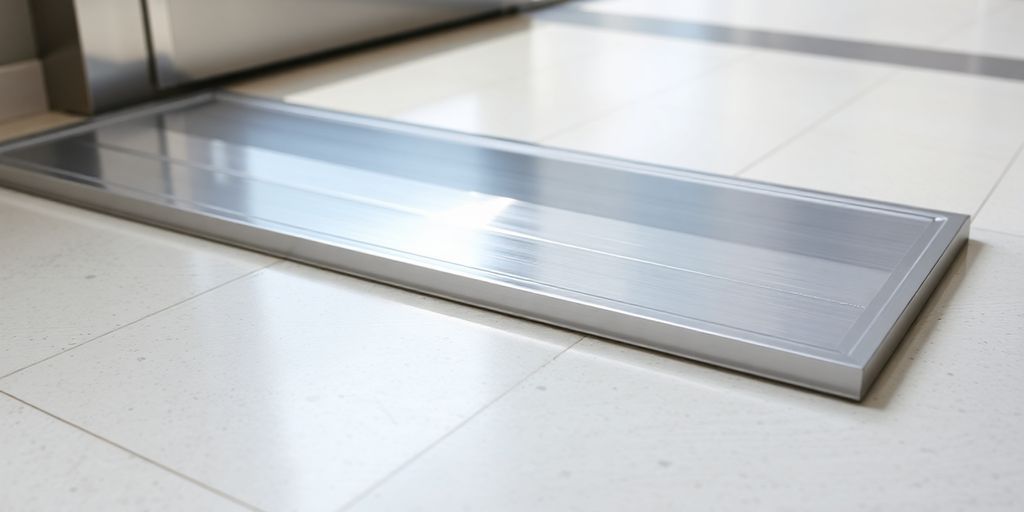 Clean aluminum door threshold at a bright entrance.