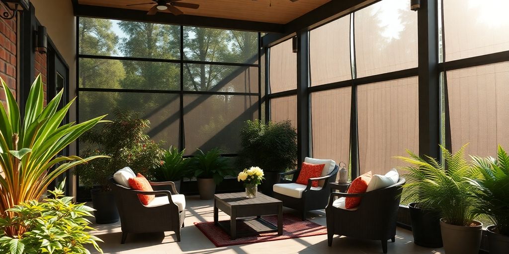 Outdoor patio with elegant screens and comfortable seating area.